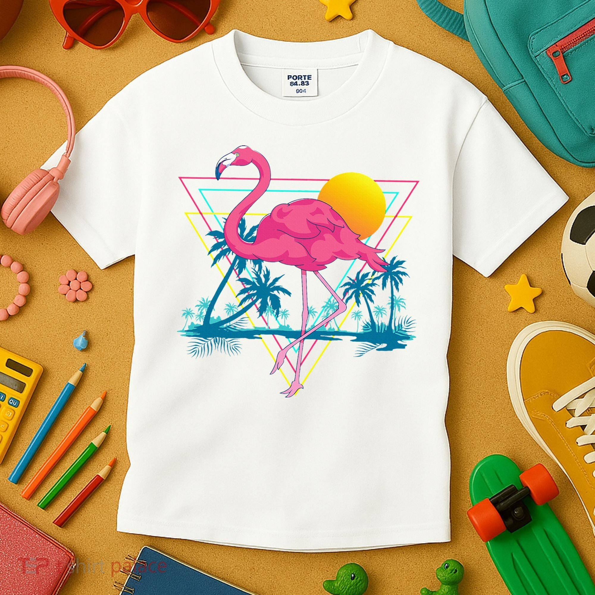 Pink Flamingo Beach Summer Vibes Palm Trees Tropical Summer Kids T-Shirt