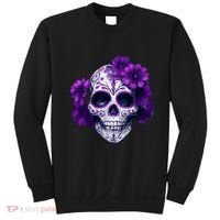 Purple Floral Black Sugar Skull Day Of The Dead Mexican Pray Sweatshirt thumb 0