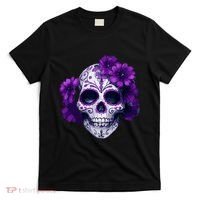 Purple Floral Black Sugar Skull Day Of The Dead Mexican Pray T-Shirt thumb 0