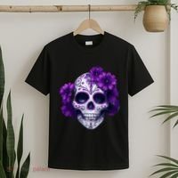 Purple Floral Black Sugar Skull Day Of The Dead Mexican Pray T-Shirt thumb 2