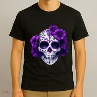 Purple Floral Black Sugar Skull Day Of The Dead Mexican Pray T-Shirt thumb 3