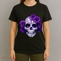 Purple Floral Black Sugar Skull Day Of The Dead Mexican Pray T-Shirt thumb 4