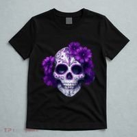 Purple Floral Black Sugar Skull Day Of The Dead Mexican Pray T-Shirt thumb 5