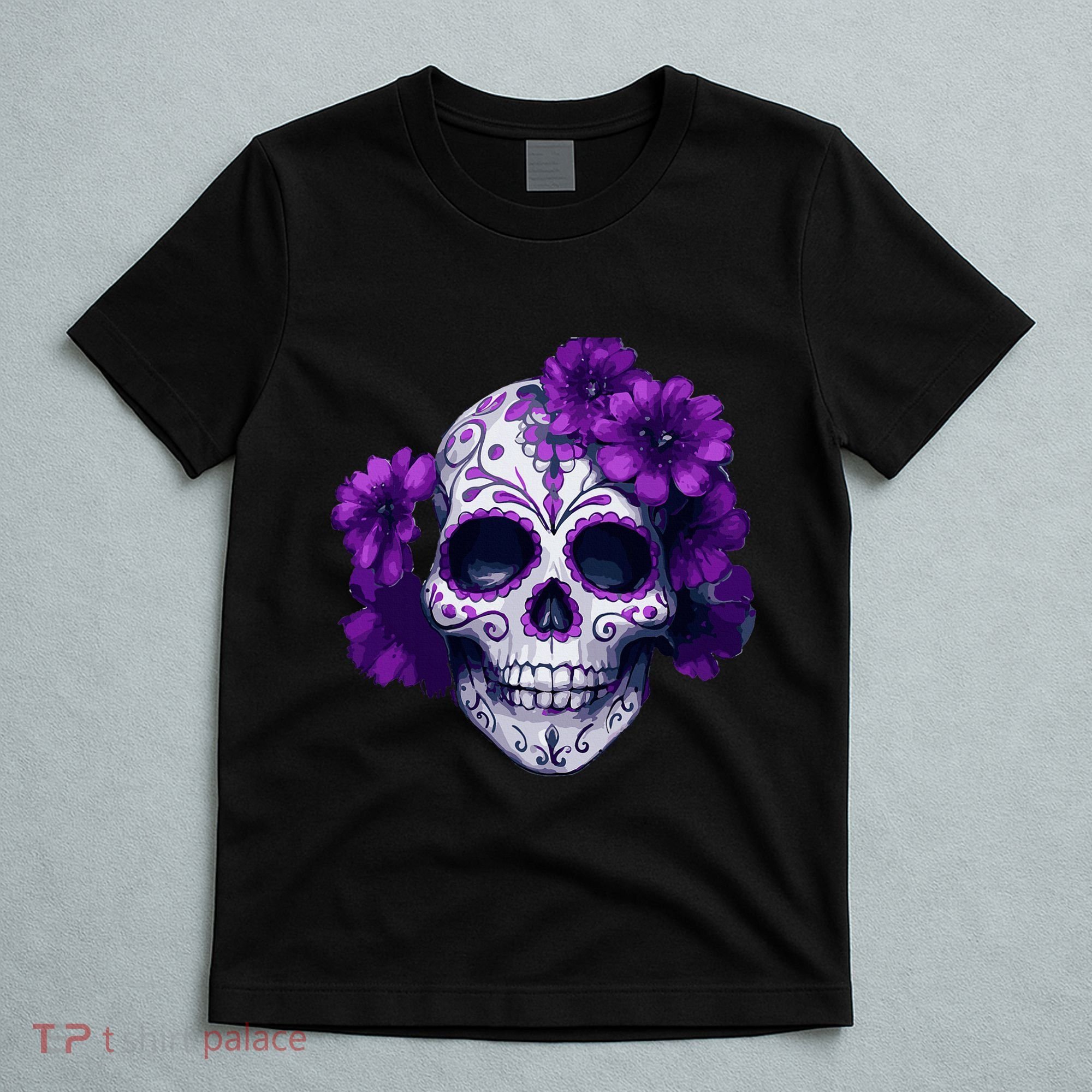 Purple Floral Black Sugar Skull Day Of The Dead Mexican Pray T-Shirt