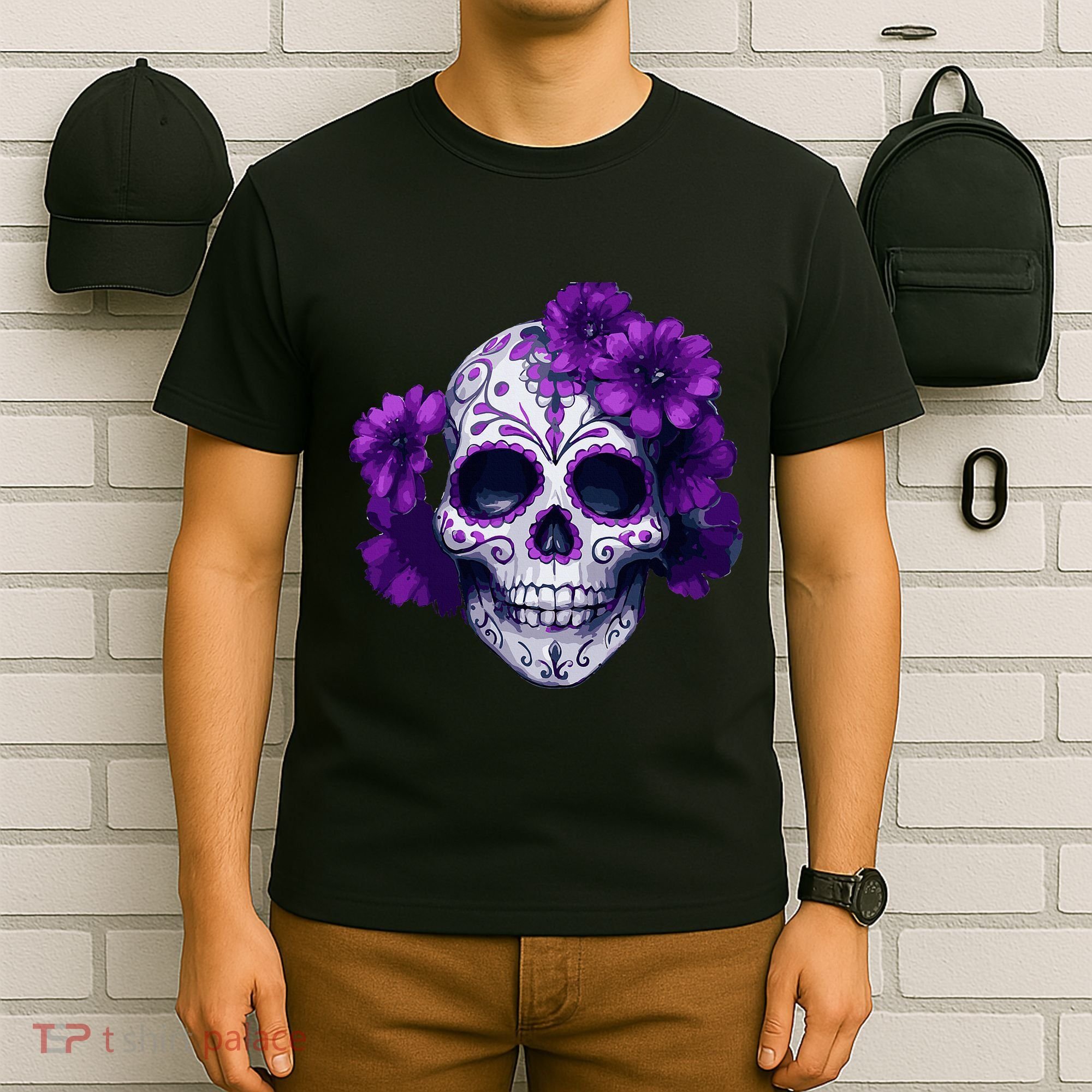 Purple Floral Black Sugar Skull Day Of The Dead Mexican Pray T-Shirt