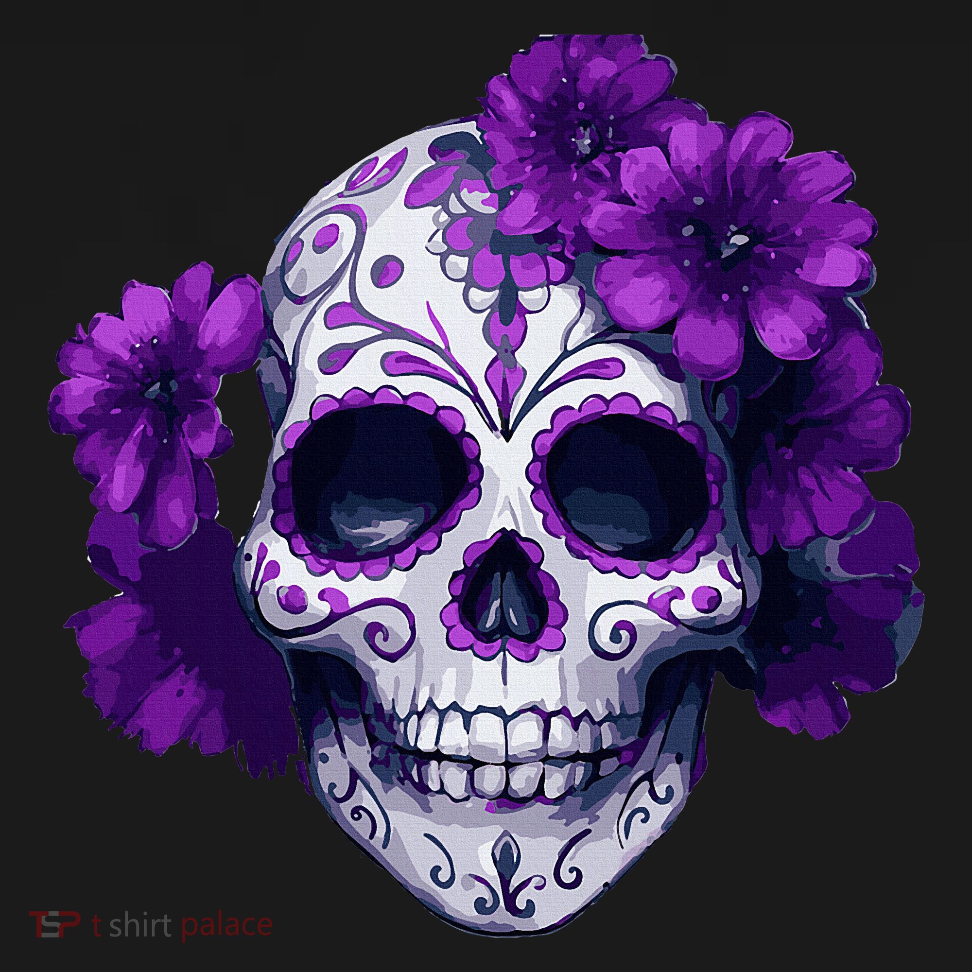 Purple Floral Black Sugar Skull Day Of The Dead Mexican Pray Polo