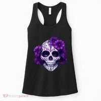 Purple Floral Black Sugar Skull Day Of The Dead Mexican Pray Women's Tank Top thumb 0