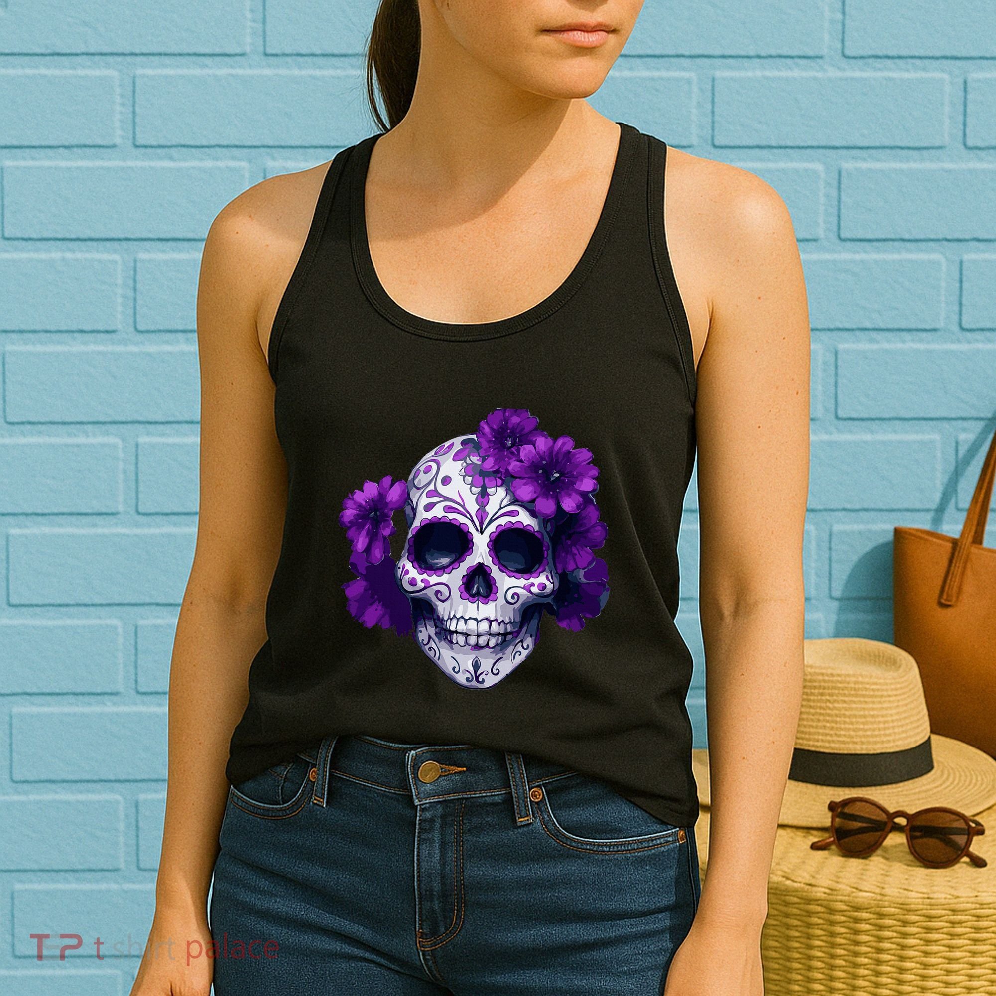 Purple Floral Black Sugar Skull Day Of The Dead Mexican Pray Women's Tank Top