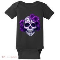 Purple Floral Black Sugar Skull Day Of The Dead Mexican Pray Baby Bodysuit thumb 0