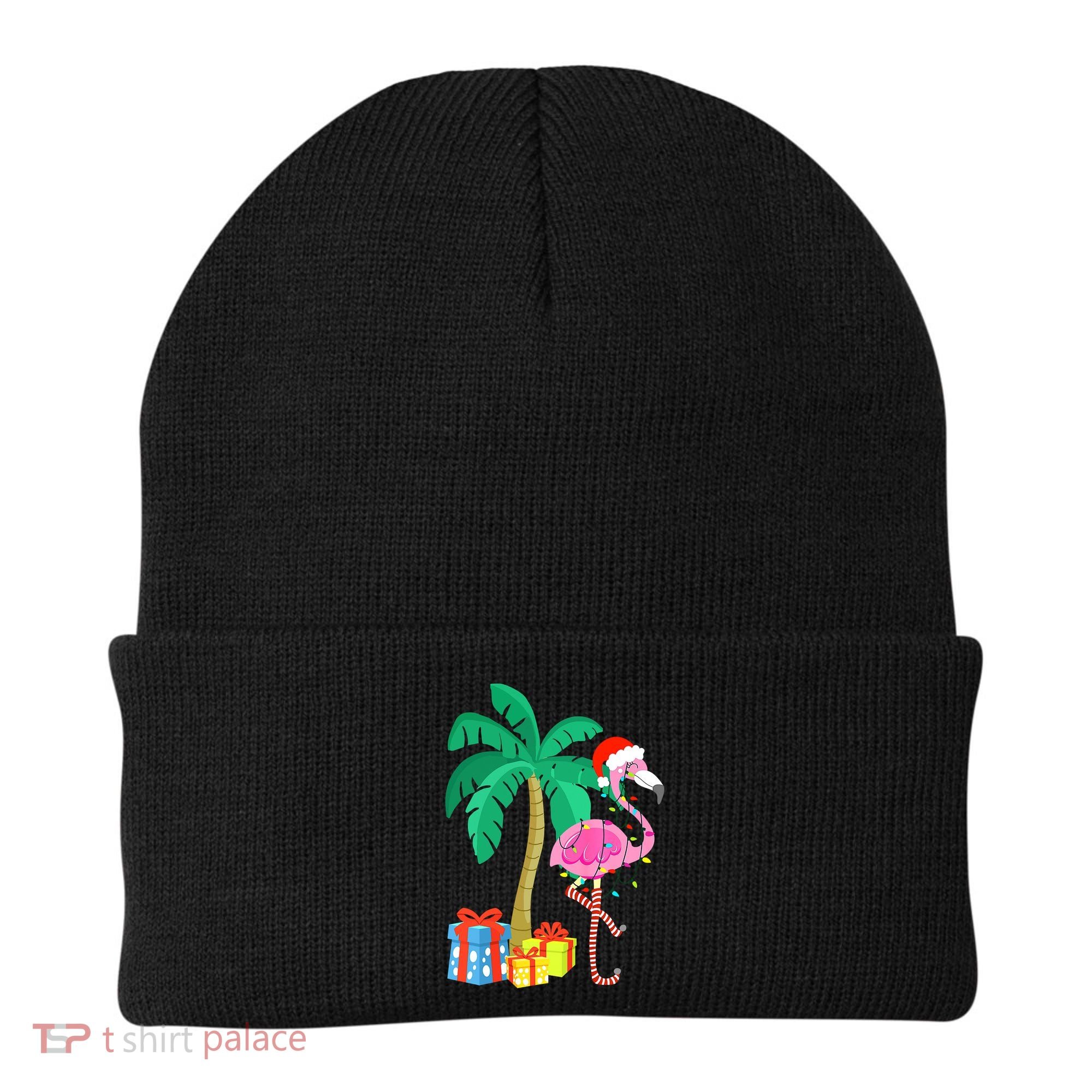 Pink Flamingo Christmas Palm Tree Tropical Xmas Funny Beanie