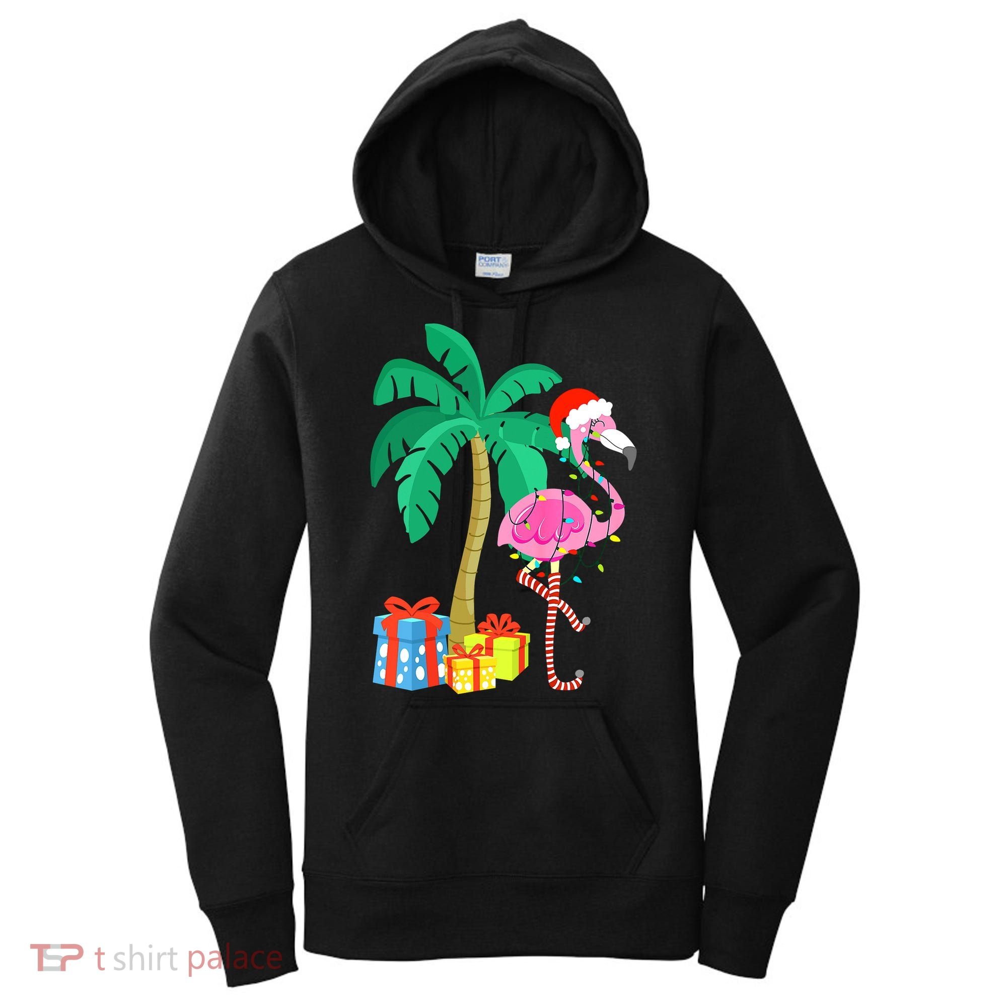 Pink Flamingo Christmas Palm Tree Tropical Xmas Funny Women's Hoodie