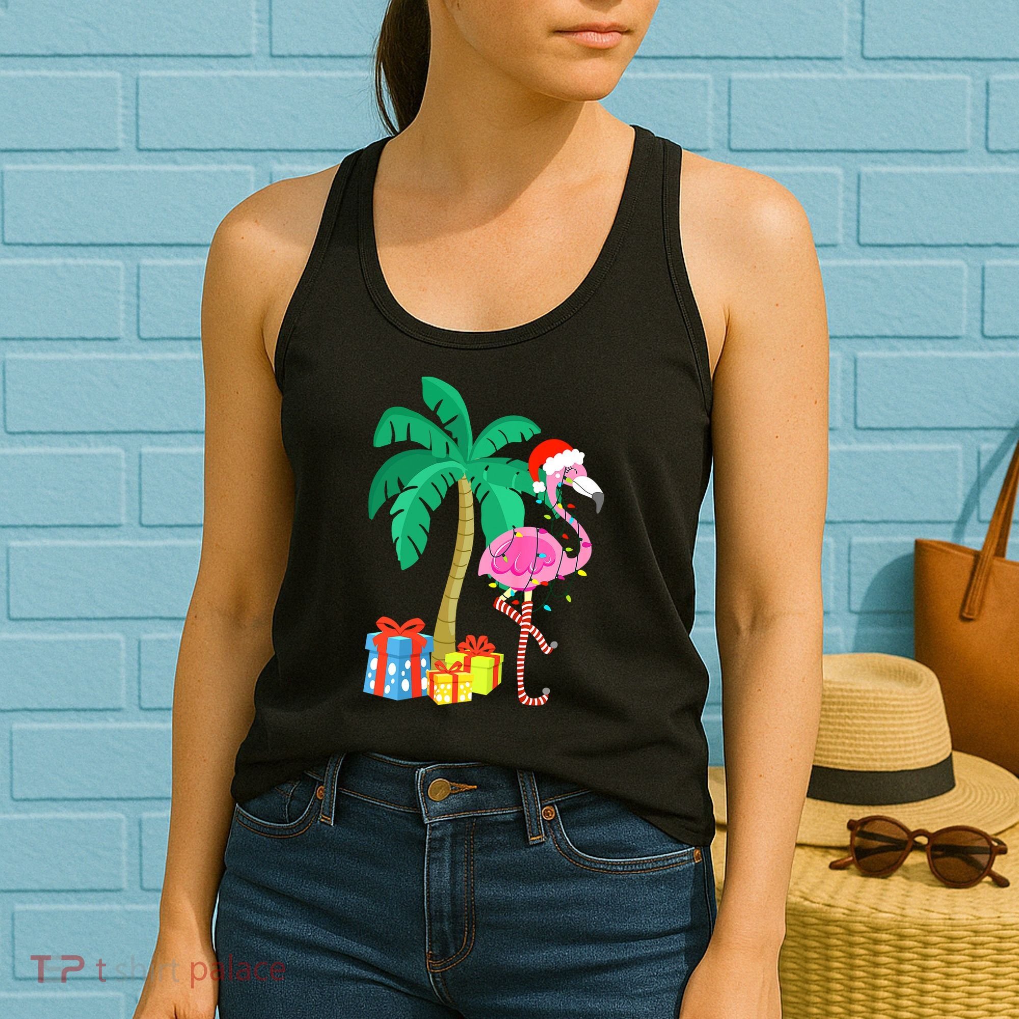 Pink Flamingo Christmas Palm Tree Tropical Xmas Funny Women's Tank Top