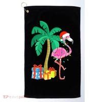 Pink Flamingo Christmas Palm Tree Tropical Xmas Funny Golf Towel thumb 0