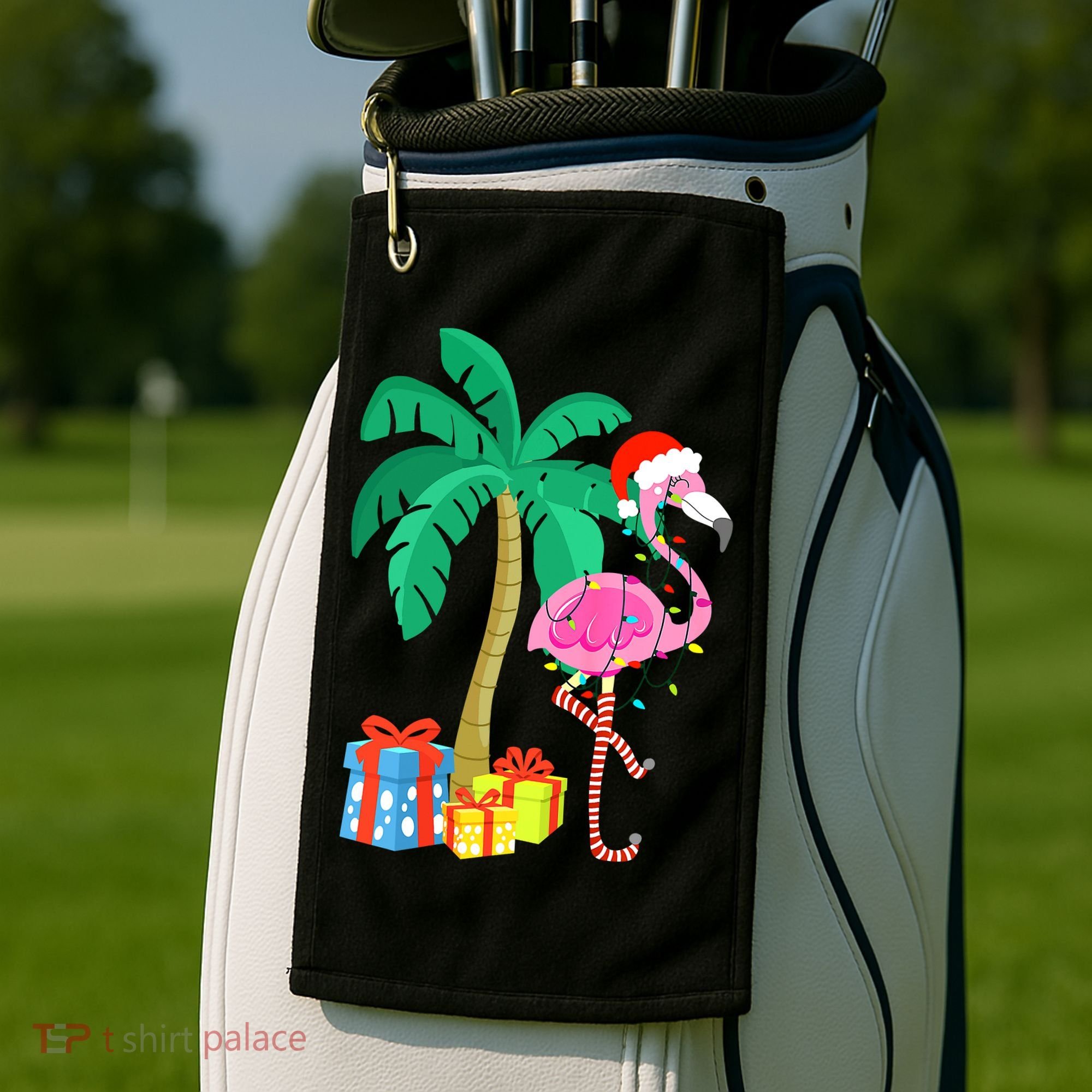 Pink Flamingo Christmas Palm Tree Tropical Xmas Funny Golf Towel