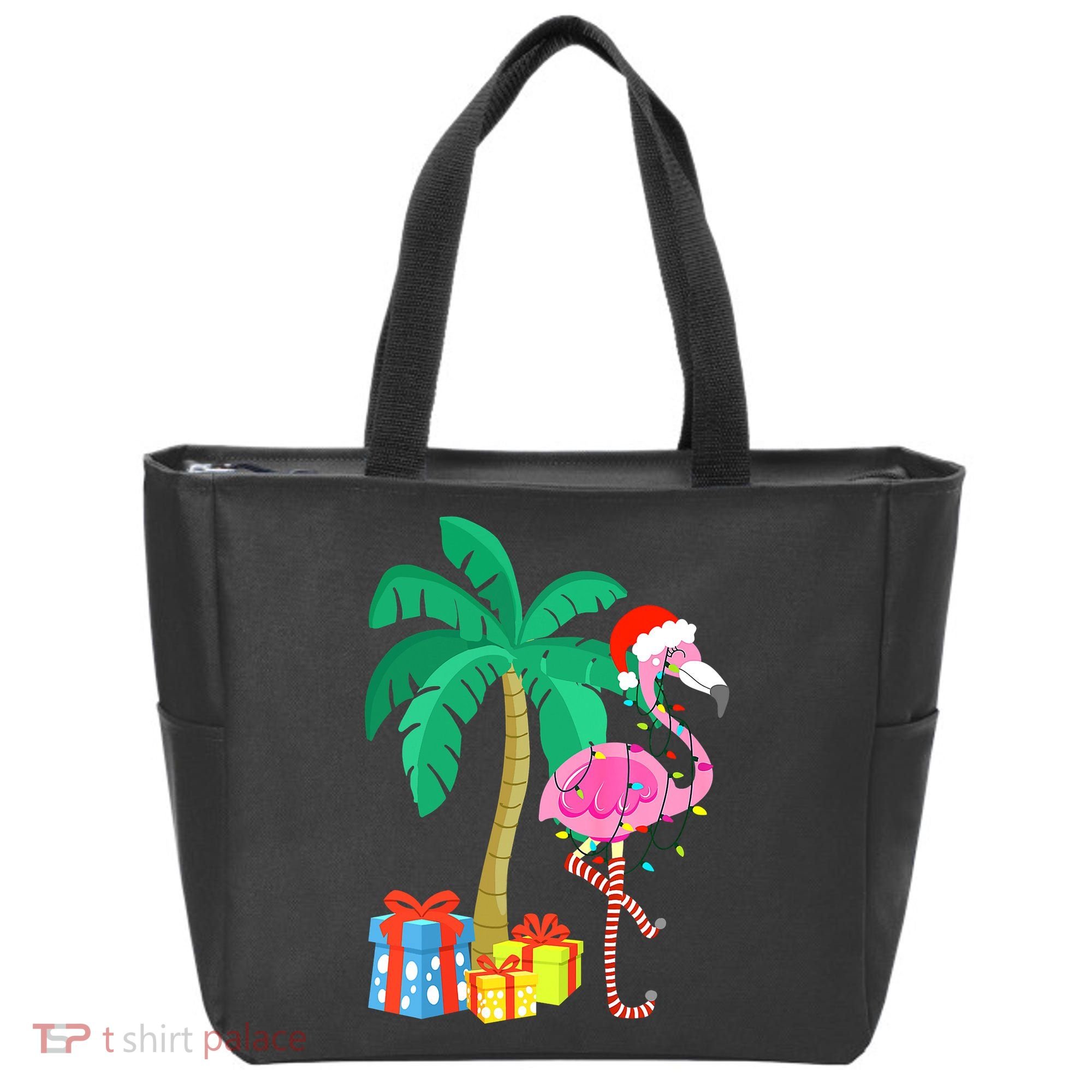 Pink Flamingo Christmas Palm Tree Tropical Xmas Funny Tote Bag