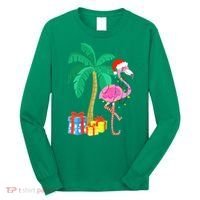 Pink Flamingo Christmas Palm Tree Tropical Xmas Funny Long Sleeve Shirt thumb 0