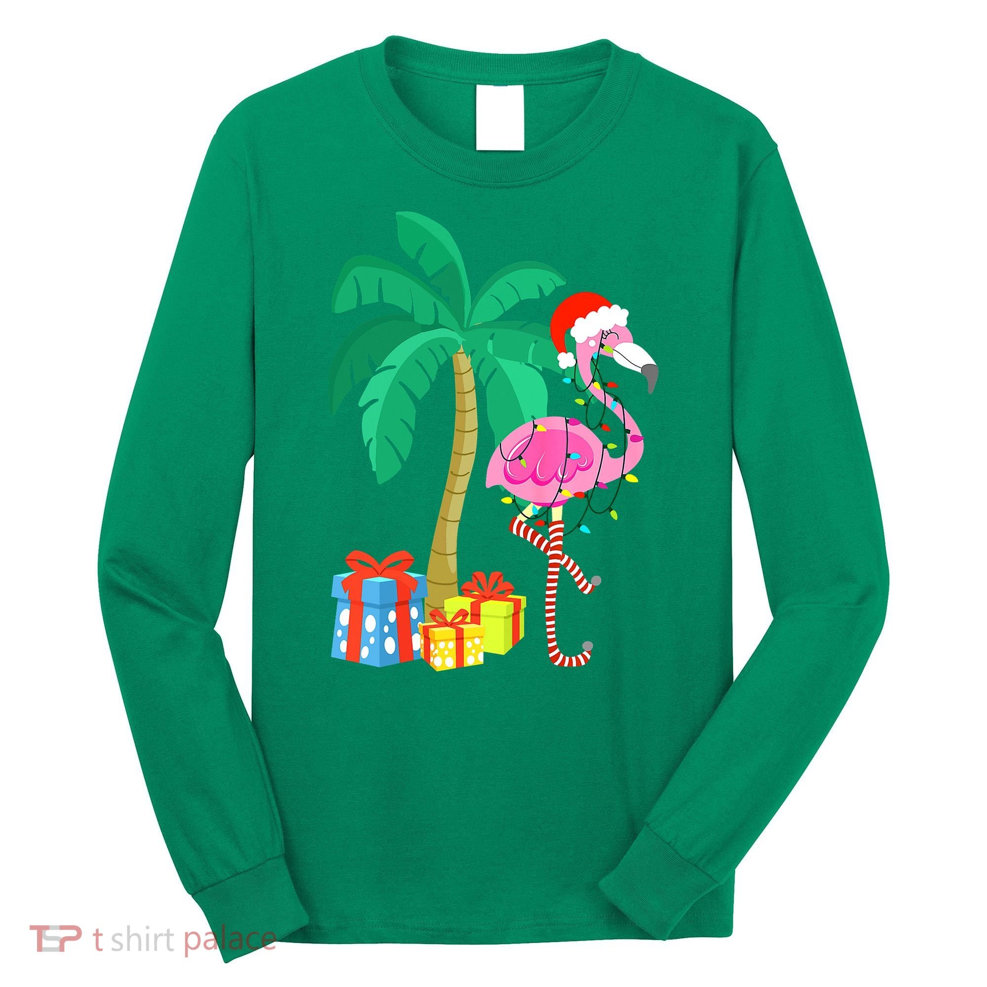 Pink Flamingo Christmas Palm Tree Tropical Xmas Funny Long Sleeve Shirt