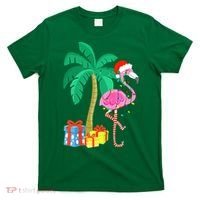 Pink Flamingo Christmas Palm Tree Tropical Xmas Funny T-Shirt thumb 0