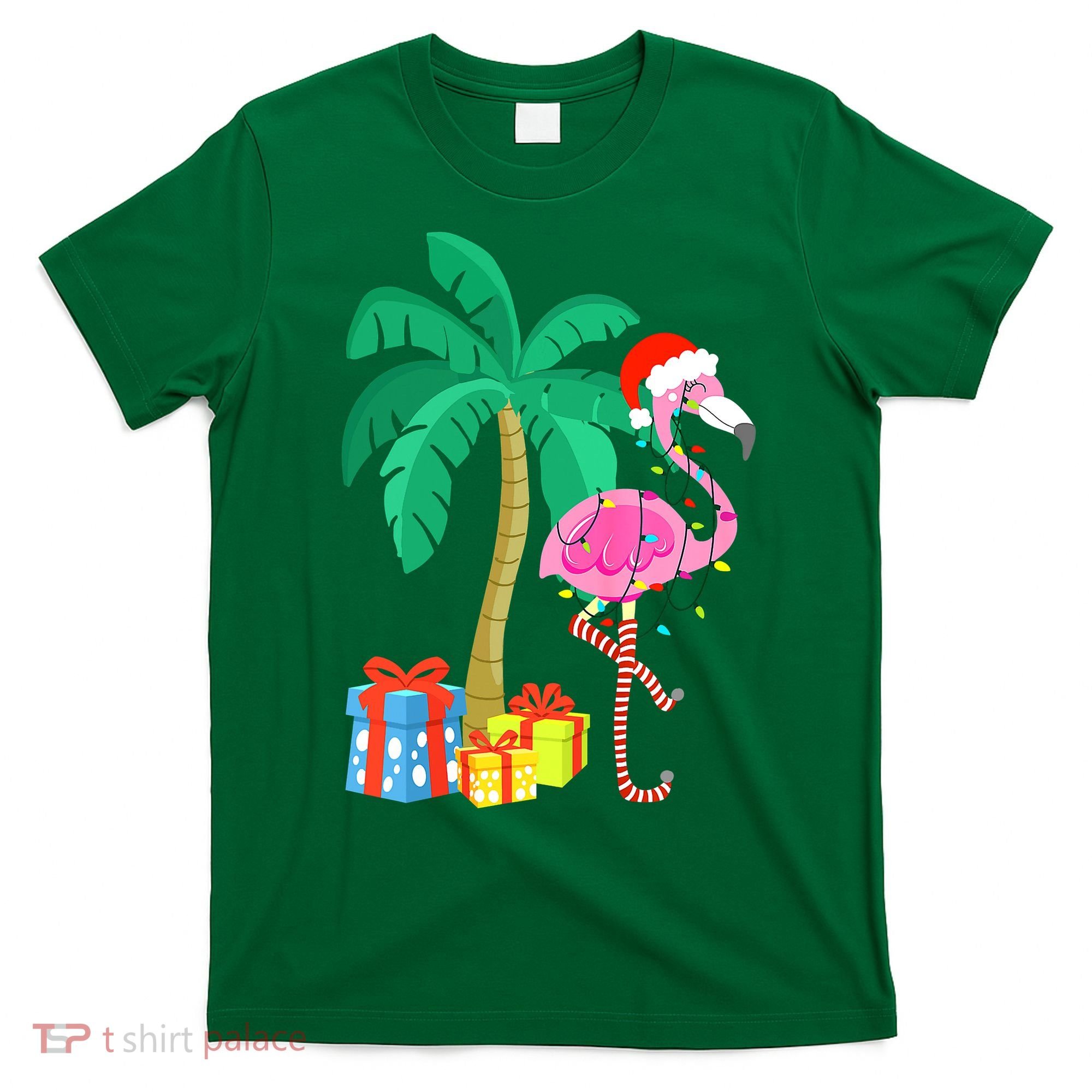 Pink Flamingo Christmas Palm Tree Tropical Xmas Funny T-Shirt