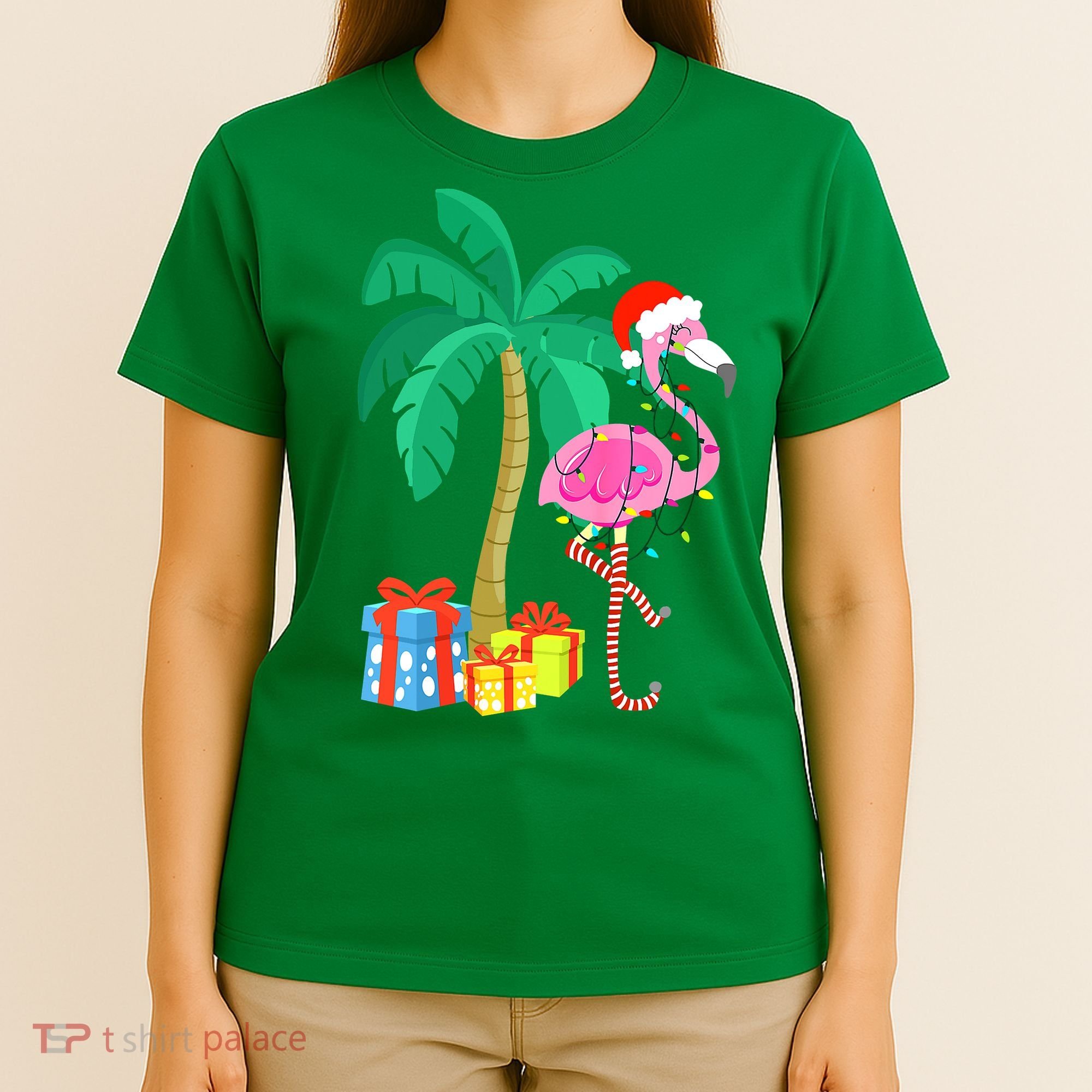 Pink Flamingo Christmas Palm Tree Tropical Xmas Funny T-Shirt
