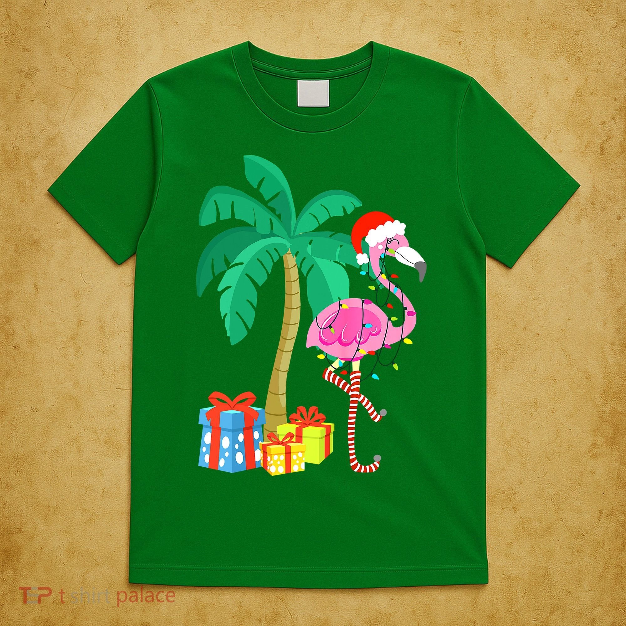 Pink Flamingo Christmas Palm Tree Tropical Xmas Funny T-Shirt