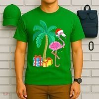 Pink Flamingo Christmas Palm Tree Tropical Xmas Funny T-Shirt thumb 6
