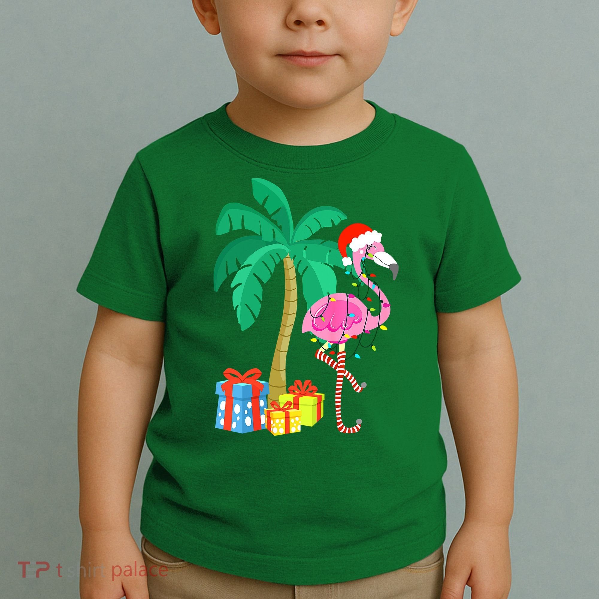 Pink Flamingo Christmas Palm Tree Tropical Xmas Funny Toddler T-Shirt