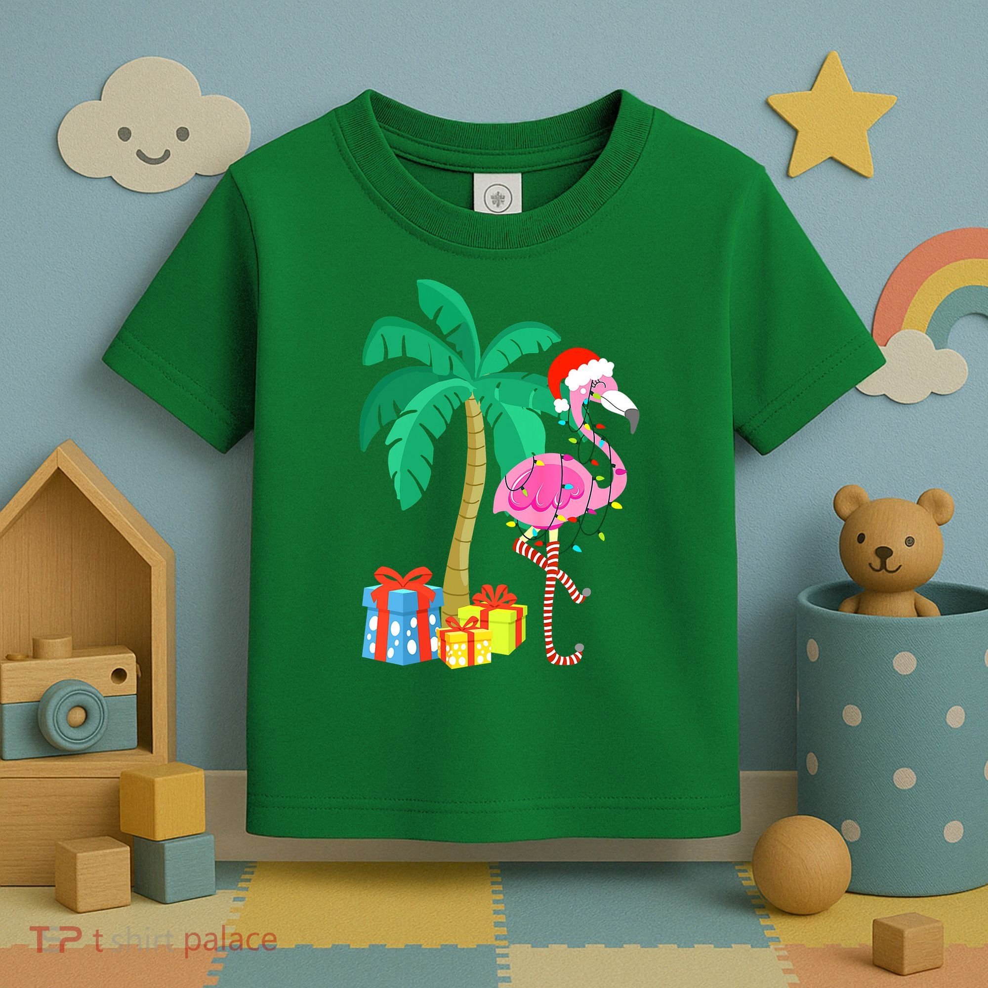 Pink Flamingo Christmas Palm Tree Tropical Xmas Funny Toddler T-Shirt