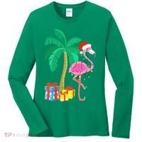 Pink Flamingo Christmas Palm Tree Tropical Xmas Funny Women's Long Sleeve Shirt thumb 0