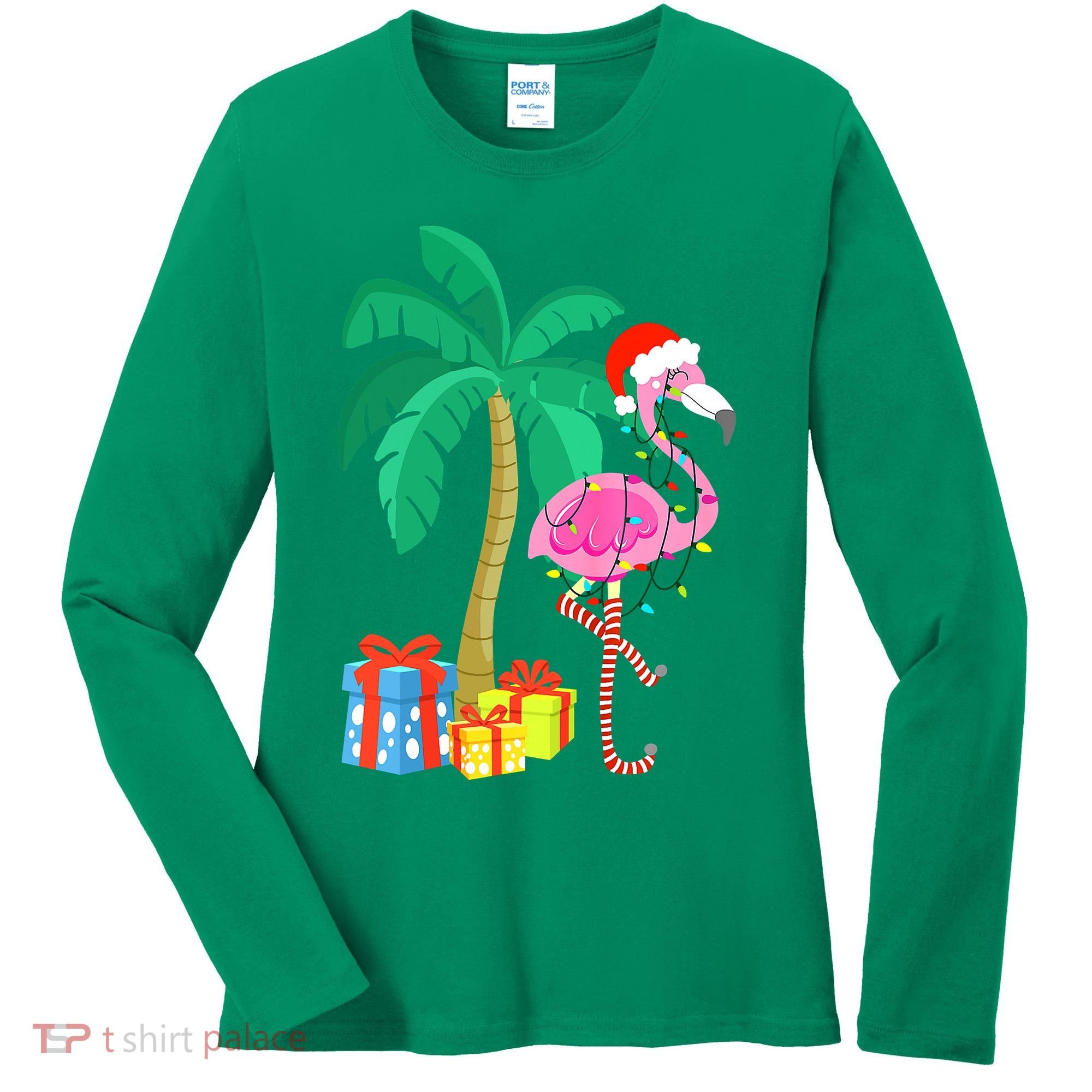 Pink Flamingo Christmas Palm Tree Tropical Xmas Funny Women's Long Sleeve Shirt