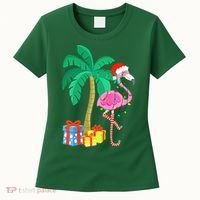 Pink Flamingo Christmas Palm Tree Tropical Xmas Funny Women's T-Shirt thumb 0