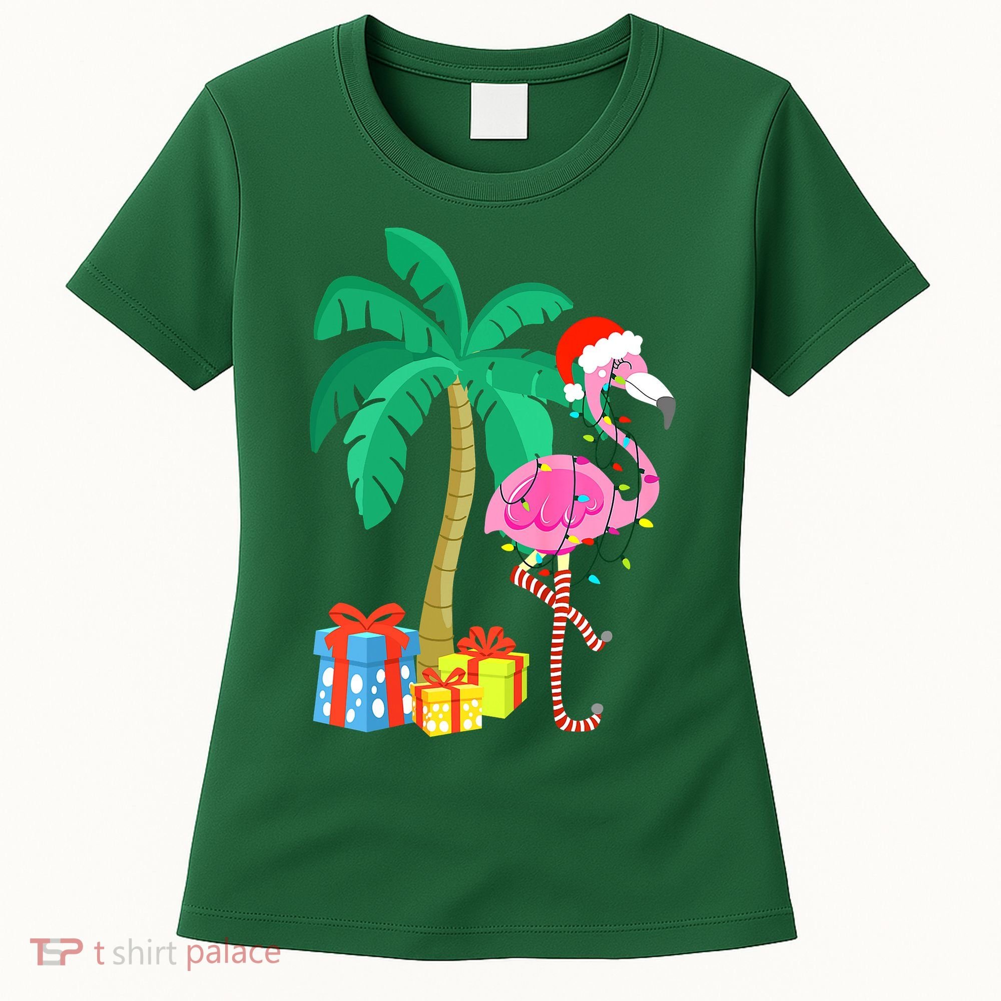 Pink Flamingo Christmas Palm Tree Tropical Xmas Funny Women's T-Shirt