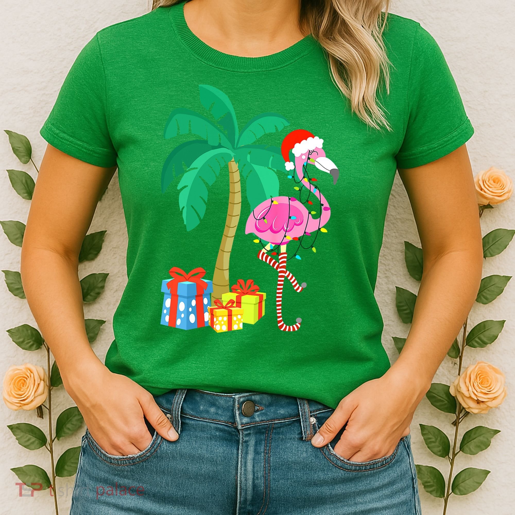 Pink Flamingo Christmas Palm Tree Tropical Xmas Funny Women's T-Shirt