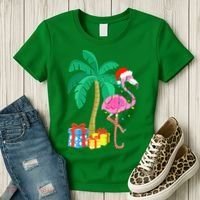 Pink Flamingo Christmas Palm Tree Tropical Xmas Funny Women's T-Shirt thumb 3