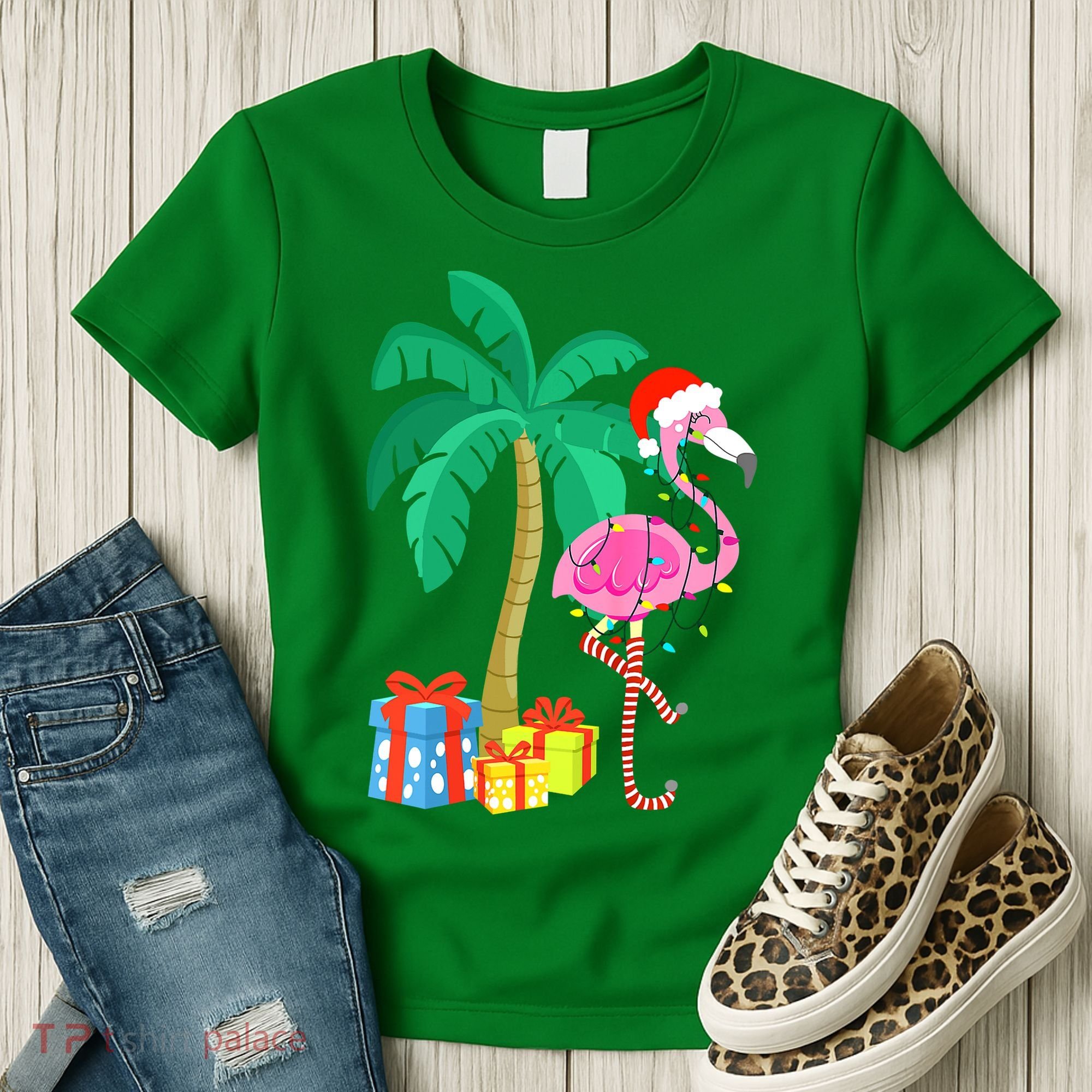 Pink Flamingo Christmas Palm Tree Tropical Xmas Funny Women's T-Shirt