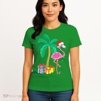 Pink Flamingo Christmas Palm Tree Tropical Xmas Funny Women's T-Shirt thumb 4