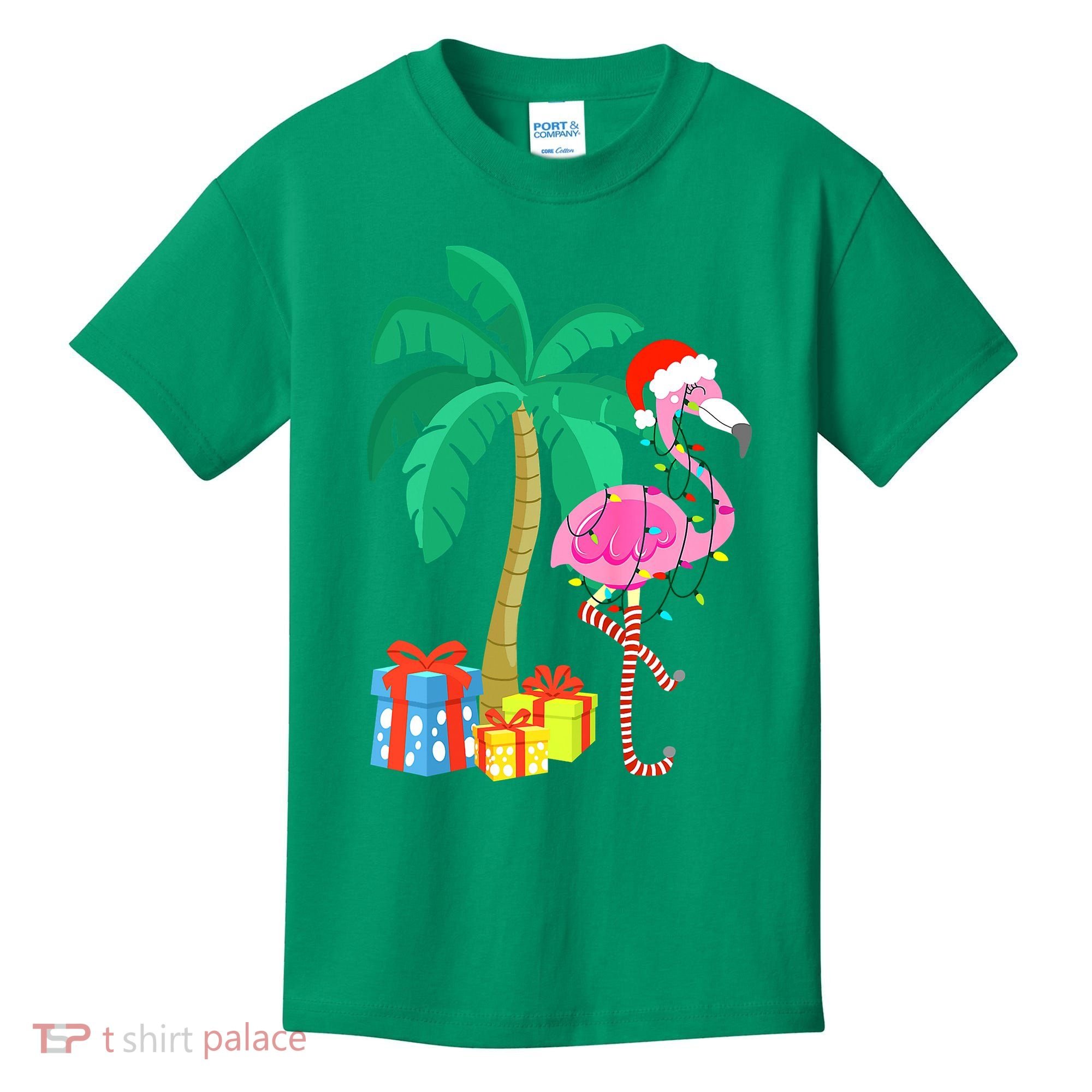 Pink Flamingo Christmas Palm Tree Tropical Xmas Funny Kids T-Shirt