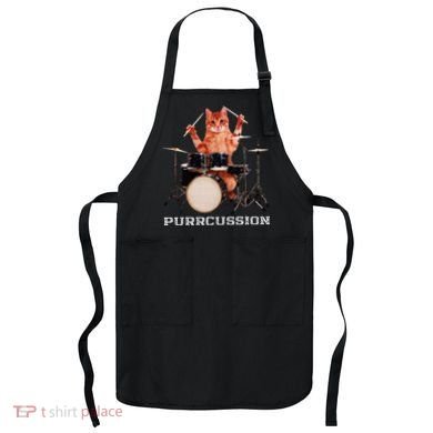 Purrcussion Funny Cat Drummer On Drum Set Percussion Pun Apron