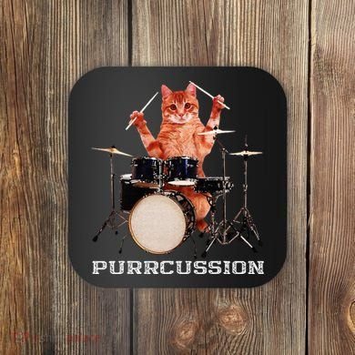 Purrcussion Funny Cat Drummer On Drum Set Percussion Pun Coaster