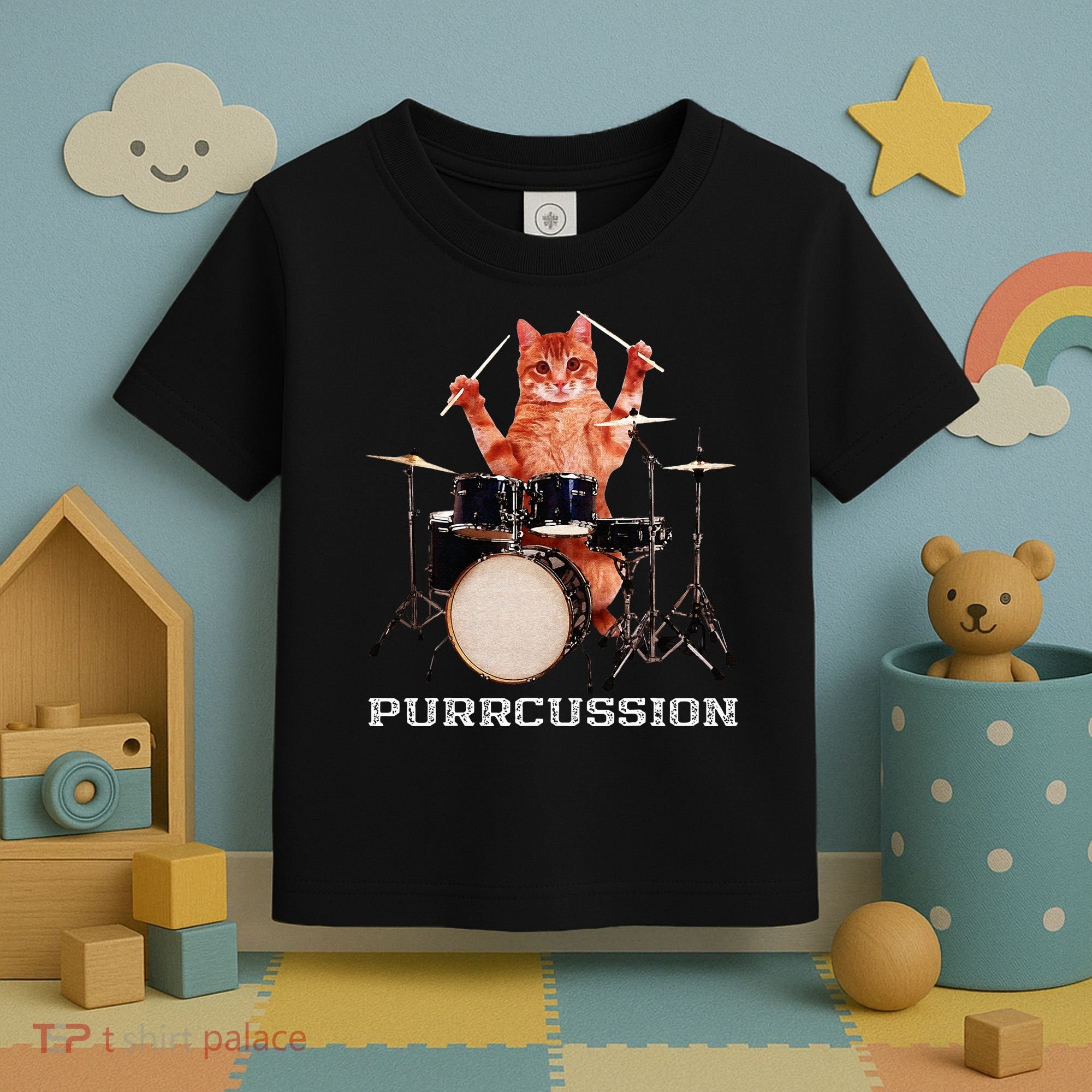 Purrcussion Funny Cat Drummer On Drum Set Percussion Pun Toddler T-Shirt