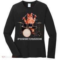 Purrcussion Funny Cat Drummer On Drum Set Percussion Pun Women's Long Sleeve Shirt thumb 0