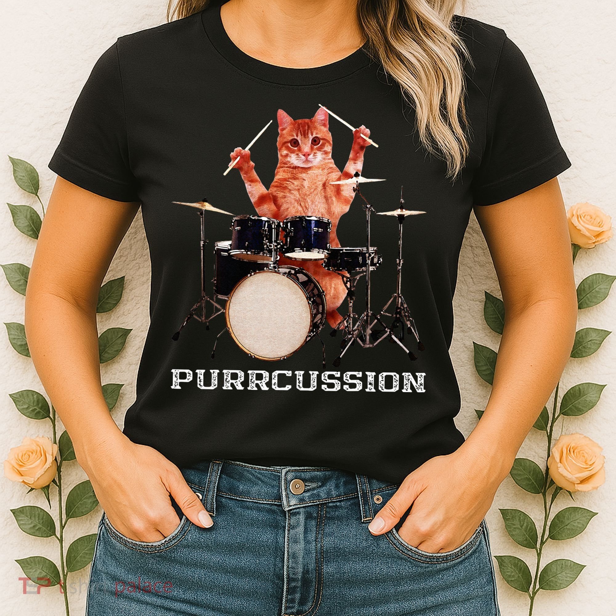 Purrcussion Funny Cat Drummer On Drum Set Percussion Pun Women's T-Shirt