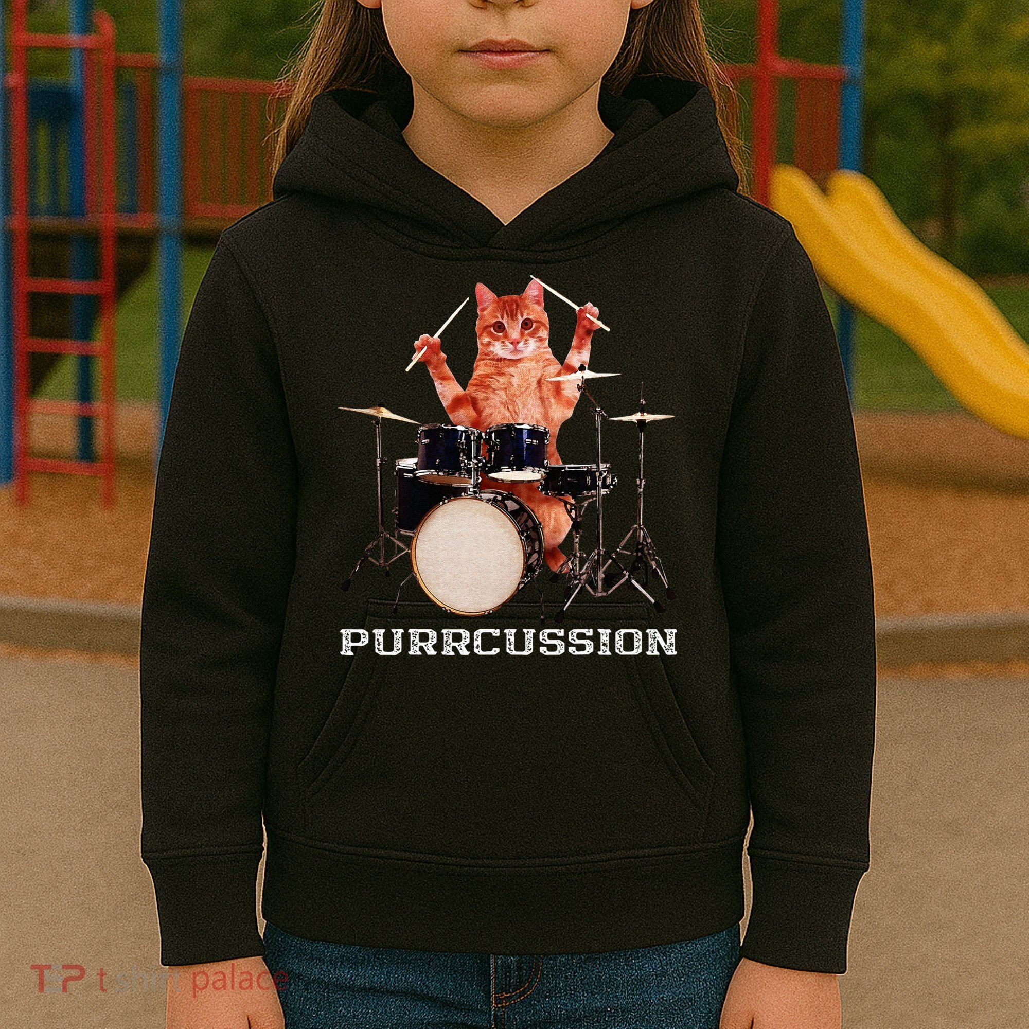 Purrcussion Funny Cat Drummer On Drum Set Percussion Pun Kids Hoodie