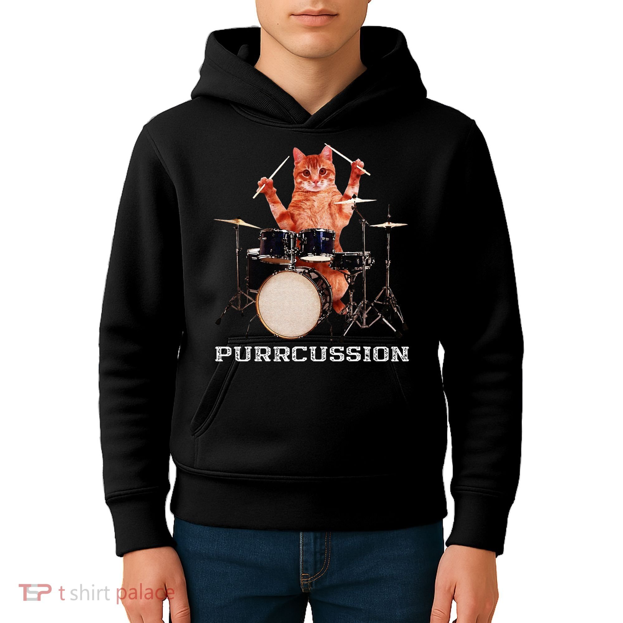 Purrcussion Funny Cat Drummer On Drum Set Percussion Pun Kids Hoodie