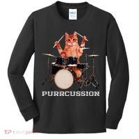 Purrcussion Funny Cat Drummer On Drum Set Percussion Pun Kids Long Sleeve Shirt thumb 0