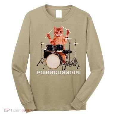Purrcussion Funny Cat Drummer On Drum Set Percussion Pun Long Sleeve Shirt