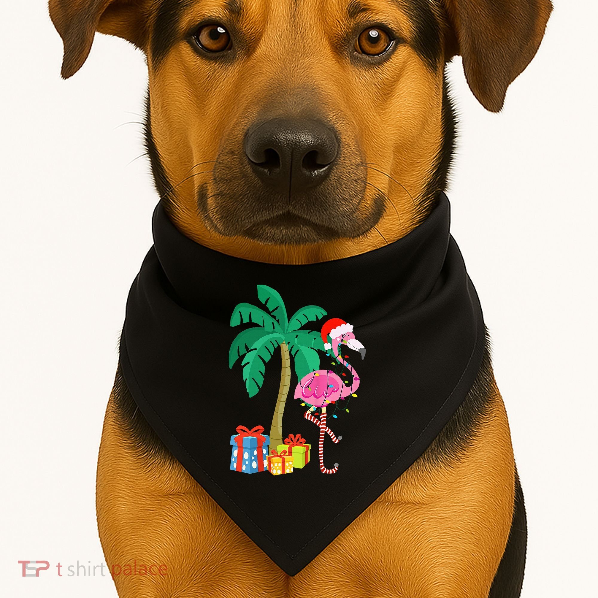 Pink Flamingo Christmas Palm Tree Tropical Xmas Funny USA-Made Doggie Bandana