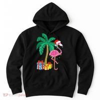 Pink Flamingo Christmas Palm Tree Tropical Xmas Funny Hoodie thumb 0