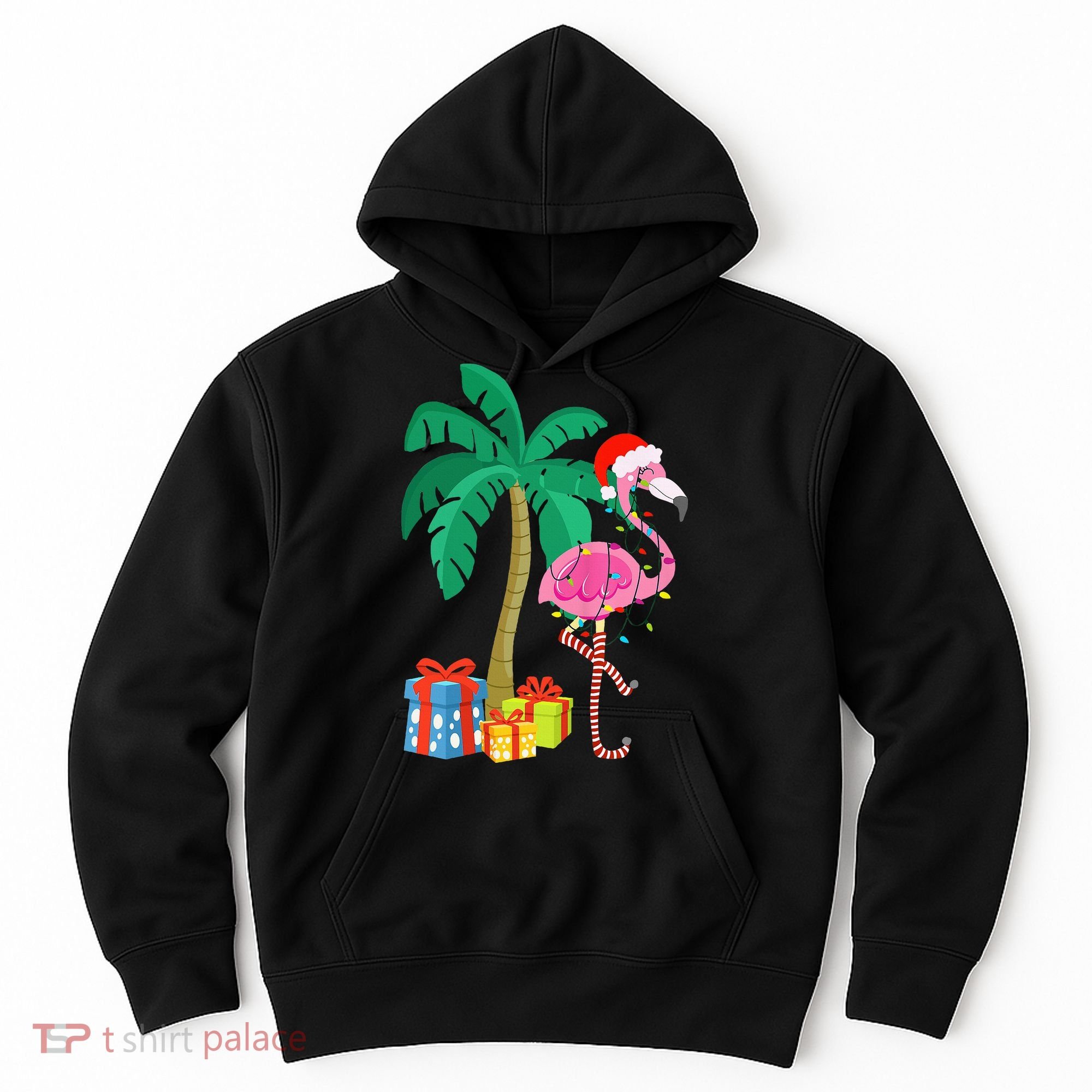 Pink Flamingo Christmas Palm Tree Tropical Xmas Funny Hoodie