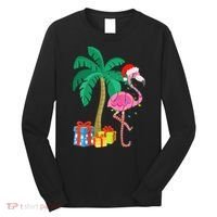Pink Flamingo Christmas Palm Tree Tropical Xmas Funny Long Sleeve Shirt thumb 0